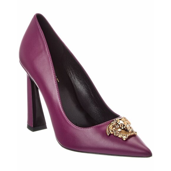 NEW VERSACE LEATHER PUMP HEELS PURPLE MEDUSA SZ 38 100% Authentic - Picture 1 of 8